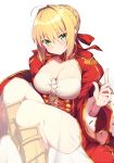  1girl ahoge bangs blonde_hair blush braid breasts cleavage dress epaulettes eyebrows_visible_through_hair fate/extra fate_(series) green_eyes hair_intakes hair_ribbon haruyuki_(yukichasoba) highres large_breasts long_hair looking_at_viewer medium_breasts nero_claudius_(fate) nero_claudius_(fate)_(all) open_mouth red_dress ribbon see-through smile solo 