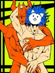  abs animal_humanoid biceps blue_hair covering covering_crotch dark_emperor_nyandam demon duo hair hand_on_head hi_res horn humanoid male male/male muscular muscular_male nipples nude pecs red_body the_battle_cats the_cat_god 