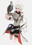  1girl ahoge animal animal_on_arm atory_totory bird blue_eyes earrings final_fantasy final_fantasy_xiv gloves grey_background hawk highres jewelry makeup open_mouth pink_lips pointy_ears simple_background smile sword tied_hair upper_teeth weapon white_gloves white_hair 