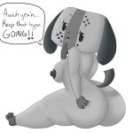  1:1 anthro big_breasts big_butt breasts butt canid canine canis dialogue domestic_dog female hand_on_butt hi_res huge_butt mammal nintendo nintendo_switch nude stubbornstallion switch_dog thick_thighs video_games 