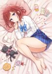  1girl :o artist_name bandages barefoot bed_sheet blue_neckwear blue_skirt blush bottle bow bowtie candy collared_shirt commentary_request condom finger_to_chin food highres lollipop long_hair looking_at_viewer love_live! love_live!_school_idol_project lying miniskirt nishikino_maki on_side otonokizaka_school_uniform pill pillow pink_neckwear plaid_neckwear purple_eyes red_hair sakurai_makoto_(custom_size) school_uniform shirt short_hair skirt solo striped striped_neckwear stuffed_animal stuffed_cat stuffed_toy undone_bowtie white_shirt 