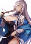  1girl alternate_costume azur_lane bangs belfast_(azur_lane) belfast_(iridescent_rose)_(azur_lane) blue_eyes blush braid breasts chain china_dress chinese_clothes collar dress earrings eyebrows_visible_through_hair fan folding_fan highres holding holding_fan jewelry large_breasts long_hair looking_at_viewer panties pnatsu ring side-tie_panties silver_hair simple_background solo thighhighs underwear white_background white_legwear 