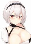  1girl azur_lane black_choker blush breasts choker cleavage collarbone hair_between_eyes kohakope lace-trimmed_hairband large_breasts looking_at_viewer red_eyes short_hair silver_hair simple_background sirius_(azur_lane) solo upper_body white_background 