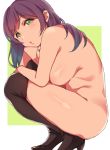  1girl :o black_footwear black_legwear breasts chin_rest deyuuku elbows_on_knees from_side green_background green_eyes high_heels large_breasts long_hair looking_at_viewer love_live! love_live!_school_idol_project nude purple_hair sideboob simple_background solo squatting thighhighs toujou_nozomi 