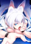  1girl animal_ear_fluff animal_ears ass azur_lane bangs bare_shoulders blue_eyes breasts cleavage commentary_request eyebrows_visible_through_hair eyeshadow fangs fox_ears fox_tail hair_between_eyes highres japanese_clothes kaga_(azur_lane) large_breasts licking long_sleeves looking_at_viewer makeup miss_black multiple_tails off-shoulder_kimono open_mouth outstretched_arm pov saliva short_hair solo tail white_hair wide_sleeves 