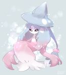  2019 abstract_background black_sclera blue_background blue_hair clothing dress floating hair hat hatterene headgear headwear humanoid long_hair nintendo pink_hair pok&eacute;mon pok&eacute;mon_(species) simple_background sitting solo sparkles translucent video_games white_body white_eyes white_skin witch_hat 