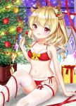  1girl absurdres alternate_costume animal_ears antlers arm_up blonde_hair blurry box bra breasts carpet christmas_tree collarbone commentary_request crystal depth_of_field fang flandre_scarlet food fork fruit fur-trimmed_bra fur-trimmed_panties gift gift_box head_tilt highres holding holding_fork indoors knee_up looking_at_viewer night nyanyanoruru on_floor open_mouth panties red_bra red_eyes red_panties reindeer_antlers reindeer_ears ribbon shiny shiny_hair short_hair side-tie_panties side_ponytail sitting small_breasts solo strawberry thigh_ribbon thighhighs touhou underwear underwear_only whipped_cream white_legwear window wings 
