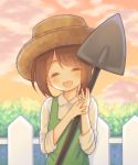  1girl =_= apron bangs brown_hair brown_headwear closed_eyes cloud cloudy_sky collared_shirt commentary emma_woods eyebrows_visible_through_hair facing_viewer fence green_apron hat holding identity_v outdoors sakurato_ototo_shizuku shirt shovel sky solo sunset upper_body white_shirt 