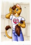  &lt;3 2008 anthro bottomwear brown_eyes brown_hair clothed clothing english_text felid hair haircut lion low_res male mammal michele_light pantherine pants shirt solo t-shirt tail_tuft text topwear traditional_media_(artwork) tuft 