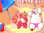  2019 ailurid anthro beach belly clothing detailed_background duo hi_res lying male male/male mammal navel outside overweight overweight_male red_panda seaside swimwear zestibone 