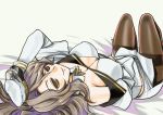  1girl bed black_legwear breasts brown_hair cleavage commentary_request corset headgear highres houston_(kantai_collection) kagesaki_yuna kantai_collection large_breasts long_hair long_sleeves lying military military_uniform pantyhose short_hair simple_background smile solo thighband_pantyhose uniform white_background yellow_eyes 