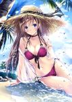  1girl arm_support bangs bare_shoulders beach bikini black_choker blue_eyes blue_sky blush breasts brown_hair choker cleavage cloud day floating_hair hat hat_ribbon highres kobayashi_chisato long_hair looking_at_viewer medium_breasts navel off_shoulder original outdoors palm_tree purple_bikini ribbon side-tie_bikini sidelocks sitting sky smile solo stomach straw_hat swimsuit thighs tree wet wind 