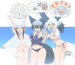  3girls :d american_flag_bikini animal_ears bald_eagle_(kemono_friends) bangs bikini black_hair blue_bikini blunt_bangs breasts cleavage dress eyebrows_visible_through_hair flag_print fox_ears fox_tail highres jacket japanese_crested_ibis_(kemono_friends) kemono_friends multiple_girls navel off_shoulder open_mouth orange_eyes ponytail red_hair see-through silver_fox_(kemono_friends) sleeves_past_wrists smile star star-shaped_pupils swimsuit symbol-shaped_pupils tail white_hair yellow_eyes yoshida_hideyuki 