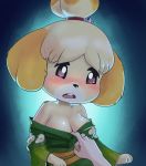  aardcase animal_crossing asian_clothing assisted_exposure blush breasts cleavage clothed clothing east_asian_clothing female human isabelle_(animal_crossing) japanese_clothing kimono mammal nintendo simple_background video_games 