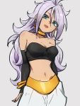  1girl android_21 bare_shoulders blue_eyes bracelet breasts cleavage collarbone dragon_ball dragon_ball_fighterz earrings grey_background hair_between_eyes hoop_earrings jewelry kemachiku lavender_hair long_hair looking_at_viewer majin_android_21 medium_breasts midriff navel open_mouth simple_background smile solo 