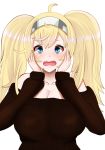  1girl ahoge bare_shoulders blonde_hair blue_eyes breasts commentary_request gambier_bay_(kantai_collection) hairband hifumi_kei highres kantai_collection large_breasts open_mouth scared solo sweater twintails upper_body white_background 