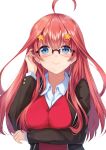  1girl absurdres ahoge black_jacket blue_eyes blush breasts closed_mouth collared_shirt glasses go-toubun_no_hanayome hair_tucking hand_up highres jacket large_breasts long_hair long_sleeves looking_at_viewer nakano_itsuki nao_(okt8538) open_clothes open_jacket red_hair red_sweater shirt smile solo sweater tareme upper_body white_shirt 