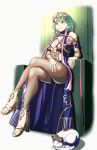  1girl absurdres braid breasts byleth_(fire_emblem) byleth_(fire_emblem)_(female) cat cleavage closed_mouth cosplay dress fire_emblem fire_emblem:_three_houses green_eyes green_hair gzo1206 hair_ornament high_heels highres medium_hair pantyhose sitting solo sothis_(fire_emblem) sothis_(fire_emblem)_(cosplay) throne tiara twin_braids 