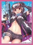  1girl benitsuki_tsubasa border breasts brown_hair coat droplets fate/grand_order fate_(series) goggles goggles_on_head gun highres large_breasts low_twintails navel osakabe-hime_(fate/grand_order) osakabe-hime_(swimsuit_archer)_(fate) pink_border pink_eyes shorts trigger_discipline twintails underboob weapon 