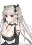  1girl azur_lane bangs bare_shoulders between_breasts black_dress blush breasts cleavage commentary_request dress earrings eyebrows_visible_through_hair formidable_(azur_lane) frilled_dress frills grey_hair hair_ribbon highres jewelry large_breasts long_hair long_sleeves looking_at_viewer red_eyes ribbon shiina_aoi simple_background solo twintails two-tone_dress two-tone_ribbon very_long_hair white_background 