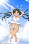  1girl armpits artist_name bare_shoulders blush breasts cloud cloudy_sky collarbone dan_hibiki dress dress_lift eyebrows_visible_through_hair fang francesca_lucchini full_body green_eyes green_hair groin hair_ornament hair_ribbon jumping long_hair looking_at_viewer navel open_mouth panties ribbon shiny shiny_hair shiny_skin sky small_breasts smile solo strike_witches striped striped_panties sundress tongue twintails underwear world_witches_series 