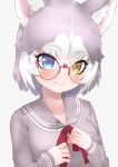  1girl absurdres adapted_costume alternate_eyewear animal_ears blue_eyes blush collar deku_suke dog_(mixed_breed)_(kemono_friends) dog_ears dog_girl frilled_collar frills glasses grey_hair grey_sweater heterochromia highres japari_symbol kemono_friends long_sleeves multicolored_hair neck_ribbon red_neckwear ribbon sailor_collar school_uniform short_hair smile solo sweater white_hair yellow_eyes 