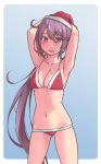 1girl akebono_(kantai_collection) armpits arms_behind_head arms_up ass_visible_through_thighs bell bikini blue_background blush border breasts cleavage collarbone commentary_request cowboy_shot fang groin hair_bell hair_ornament hat jingle_bell kantai_collection long_hair looking_at_viewer lowleg lowleg_bikini medium_breasts navel open_mouth outside_border puppet red_bikini red_headwear santa_hat sidelocks simple_background solo stomach swimsuit very_long_hair white_border yuki_to_hana 