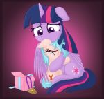  2019 bodily_fluids cozy_glow_(mlp) crying cutie_mark duo equid equine eyelashes eyes_closed feathered_wings feathers female feral friendship_is_magic gift hi_res horn mammal my_little_pony pterippus purple_body purple_eyes purple_feathers solo tears vito winged_unicorn wings young 