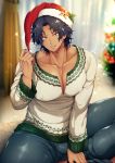  1boy bauble black_hair bulge christmas christmas_lights christmas_tree covered_nipples dark_skin dark_skinned_male hat looking_at_viewer male_focus meme_attire open-chest_sweater original pectorals santa_hat smile solo sweater ygyg2200 