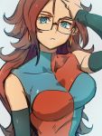  1girl android_21 blue_background blue_eyes breasts checkered checkered_dress dragon_ball dragon_ball_fighterz dress earrings glasses hoop_earrings jewelry kemachiku large_breasts long_hair looking_at_viewer red_hair simple_background solo 