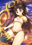  1girl asymmetrical_legwear asymmetrical_sleeves black_legwear black_ribbon brown_hair closed_mouth cloud detached_sleeves earrings fate/grand_order fate_(series) hair_ribbon heavenly_boat_maanna hoop_earrings ishtar_(fate)_(all) ishtar_(fate/grand_order) jewelry long_hair looking_at_viewer navel red_eyes rennkuu ribbon single_detached_sleeve single_thighhigh sky smile solo sunset thighhighs two_side_up 