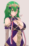  1girl absurdres braid breasts byleth_(fire_emblem) byleth_(fire_emblem)_(female) cleavage closed_mouth cosplay dress fire_emblem fire_emblem:_three_houses green_eyes green_hair grey_background hair_ornament highres medium_hair simple_background smgold solo sothis_(fire_emblem) sothis_(fire_emblem)_(cosplay) tiara twin_braids twitter_username 