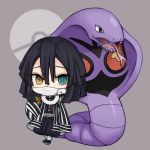  1boy arbok bangs belt belt_buckle black_hair black_jacket black_legwear black_pants blue_eyes brown_eyes buckle covered_mouth crossover dusk_ball eyebrows_visible_through_hair gen_1_pokemon grey_background hair_between_eyes heterochromia holding holding_poke_ball iguro_obanai jacket kimetsu_no_yaiba long_sleeves male_focus maodouzi open_clothes open_mouth pants poke_ball poke_ball_symbol pokemon pokemon_(creature) puffy_pants sleeves_past_fingers sleeves_past_wrists snake tongue tongue_out white_belt white_snake wide_sleeves 