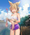  1girl bandages bangs bare_arms bare_shoulders blonde_hair blue_sky blush bracelet breasts bucket check_commentary check_translation cleavage closed_eyes cloud collarbone commentary_request cowboy_shot day earmuffs eyebrows_visible_through_hair hair_between_eyes holding jewelry makuwauri medium_breasts midriff open_mouth outdoors pointy_hair purple_shorts sarashi short_hair short_shorts shorts sky solo standing stomach thighs touhou toyosatomimi_no_miko translation_request tree water water_drop wooden_bucket wringing 