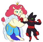  anthro black_body black_fur blush cartoon_network crown domestic_cat duo feeling_muscles felid feline felis fur green_eyes hair hi_res king king_snugglemagne_xxv lion male mammal mane mane_hair mao_mao:_heroes_of_pure_heart pantherine rib-it royalty sheriff_mao_mao_mao 