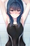  1girl armpits arms_up blue_hair competition_swimsuit highres long_hair looking_at_viewer love_live! love_live!_school_idol_project love_live!_sunshine!! nasuno_(nasuno42) one-piece_swimsuit purple_eyes solo swimsuit tears tsushima_yoshiko wet wet_hair 