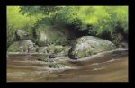  day derivative_work hosoi_mikio landscape moss no_humans outdoors river scenery stone studio_ghibli traditional_media tree watercolor_(medium) 