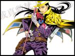  1boy arumajiki_varan belt belt_buckle belt_pouch black_hair brown_eyes buckle cape cheekbones diamond_(symbol) gloves gyakuten_saiban gyakuten_saiban_4 hand_on_hip hat heart long_hair long_sleeves male_focus newspaper pouch red_neckwear saint_onii-san simple_background soie solo spade_(shape) standing thigh_strap top_hat wand white_background white_gloves yellow_cape yellow_headwear 