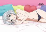  1girl artist_request bed black_panties blush breasts cleavage collarbone copyright_name eyebrows_visible_through_hair green_eyes grey_hair groin indoors looking_at_viewer lying navel on_bed on_side open_mouth panties pillow pink_background sanya_v_litvyak shiny shiny_hair shiny_skin short_hair simple_background small_breasts smile solo strike_witches topless underwear underwear_only world_witches_series 