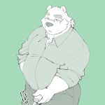  1:1 2019 anthro blue_background bodily_fluids bottomwear clothing eyewear genital_fluids glasses h_s_050 humanoid_hands japanese_text leib_(tas) male mammal overweight overweight_male pants peeing penis polar_bear shirt simple_background solo text tokyo_afterschool_summoners topwear urine ursid ursine video_games 