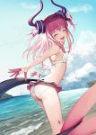  1girl :d ^_^ ass bikini blush closed_eyes cloud cloudy_sky day dragon_girl dragon_horns dragon_tail elizabeth_bathory_(fate) elizabeth_bathory_(fate)_(all) facing_viewer flat_chest horns leaning_forward long_hair ocean open_mouth outdoors outstretched_arms pink_hair pointy_ears scrunchie sky smile solo standing sunga2usagi swimsuit tail water white_bikini wrist_scrunchie 
