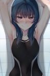  1girl armpits arms_up blue_hair competition_swimsuit highres long_hair looking_at_viewer love_live! love_live!_school_idol_project love_live!_sunshine!! nasuno_(nasuno42) one-piece_swimsuit purple_eyes shadow solo swimsuit tears tsushima_yoshiko wet wet_hair 