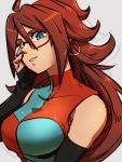  1girl android_21 blue_eyes breasts checkered checkered_dress dragon_ball dragon_ball_fighterz dress earrings glasses grey_background hair_between_eyes hoop_earrings jewelry kemachiku large_breasts long_hair looking_at_viewer red_hair solo upper_body 