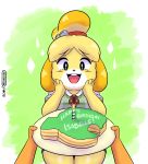  2019 ambiguous_gender animal_crossing anthro bell birthday_cake blonde_hair cake candle canid canine canis digital_media_(artwork) domestic_dog english_text eyelashes female female_focus first_person_view food hair hand_on_face hi_res isabelle_(animal_crossing) joaoppereiraus mammal nintendo open_mouth open_smile shih_tzu smile solo_focus text toy_dog video_games villager_(animal_crossing) 