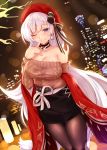  1girl aran_sweater azur_lane belfast_(azur_lane) belfast_(shopping_with_the_head_maid)_(azur_lane) beret blurry blush bokeh breasts brown_sweater choker cityscape cleavage collarbone depth_of_field earrings finger_to_mouth glint grin hat highres hoop_earrings jewelry large_breasts long_hair looking_at_viewer narushima_kanna night off-shoulder_sweater off_shoulder one_eye_closed outdoors shushing silver_hair skirt smile solo sweater 