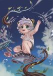  1boy absurdres animal_ears bare_legs barefoot black_shorts blue_sky bubble cat_boy cat_ears cloud cloudy_sky day floating floating_object highres leaf luoxiaohei outdoors plant short_hair shorts sky solo tank_top the_legend_of_luo_xiaohei whinghope white_hair white_tank_top 