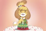  2019 animal_crossing anthro bell birthday_cake blonde_hair blush blush_stickers cake canid canine canis clothed clothing digital_media_(artwork) dipstick_tail domestic_dog eyes_closed female food hair isabelle_(animal_crossing) mammal mr-shin multicolored_tail nintendo open_mouth open_smile shih_tzu simple_background smile solo tailwag toy_dog video_games 