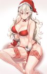  1girl breasts cleavage closed_mouth corrin_(fire_emblem) corrin_(fire_emblem)_(female) fire_emblem fire_emblem_fates fur_trim gloves h.pn hairband hat highres large_breasts long_hair pointy_ears pom_pom_(clothes) red_eyes red_headwear santa_hat simple_background sitting solo white_hair 