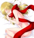  1girl artist_name ass bed blonde_hair blush breasts breath caesar_(girls_und_panzer) cleavage closed_eyes dated eyebrows_visible_through_hair fingering girls_und_panzer groin highres kuzuryuu_kennosuke large_breasts long_hair lying masturbation navel nude on_bed on_side open_mouth pussy_juice red_scarf scarf shiny shiny_hair shiny_skin solo tongue 