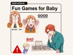  1girl 2boys annette_fantine_dominic baby blonde_hair blue_shirt blush board_game chess chess_piece chessboard chin_rest collared_shirt commentary covering_face dated english_commentary english_text fire_emblem fire_emblem:_three_houses grey_background long_sleeves looking_at_viewer multiple_boys multiple_views open_mouth orange_hair palms peekaboo red_hair shirt short_hair sign simple_background smile sylvain_jose_gautier twitter_username warning_sign z_hard 